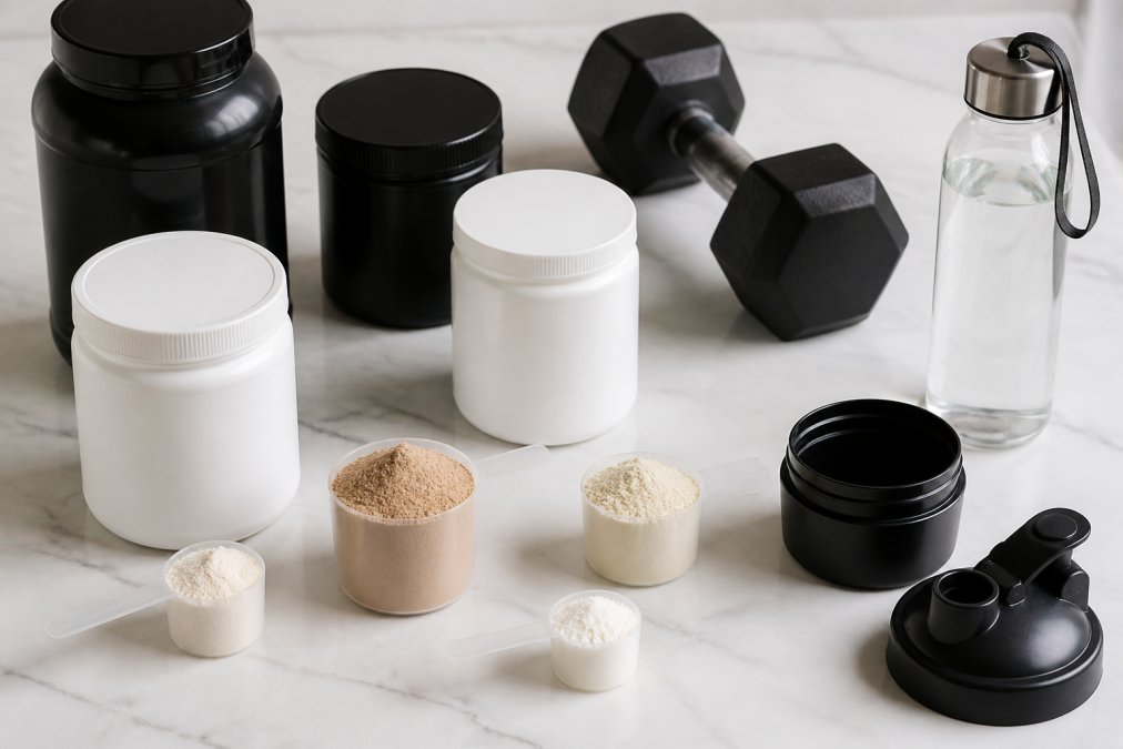 Flat lay of multiple supplement containers and protein powder scoops arranged on a clean white surface with a water bottle and dumbbell nearby