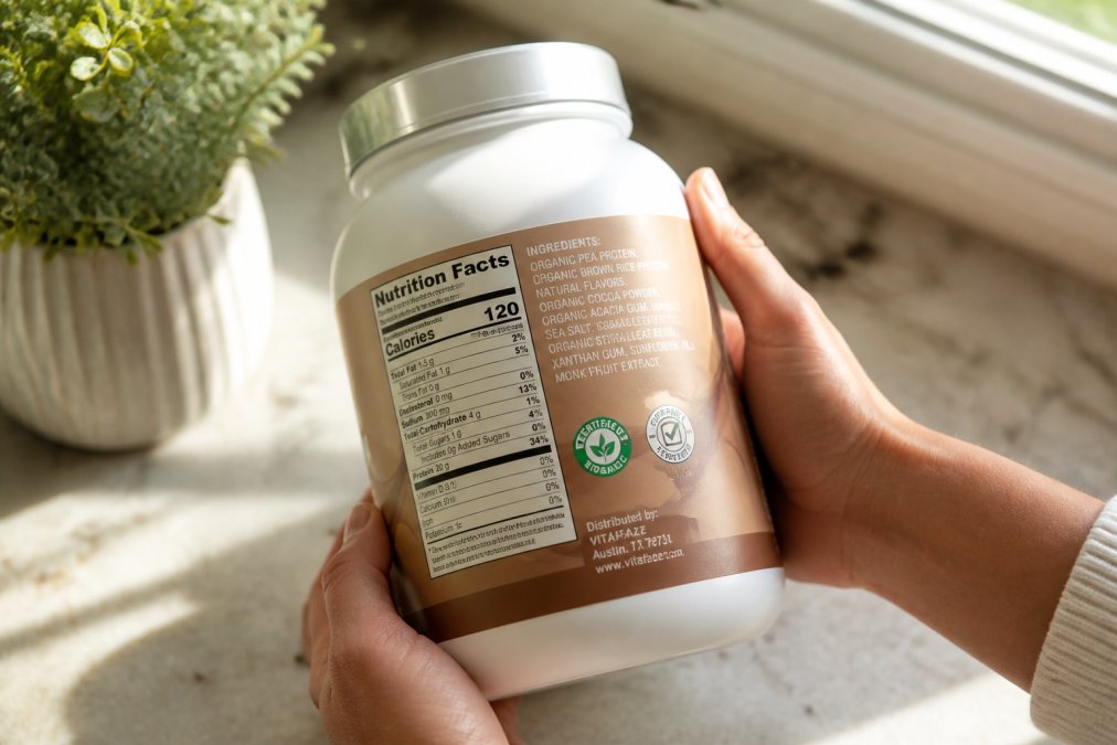 Close-up of hands holding supplement bottle with ingredient list clearly visible under natural sunlight, showing certified organic seal and third-party testing badge on label