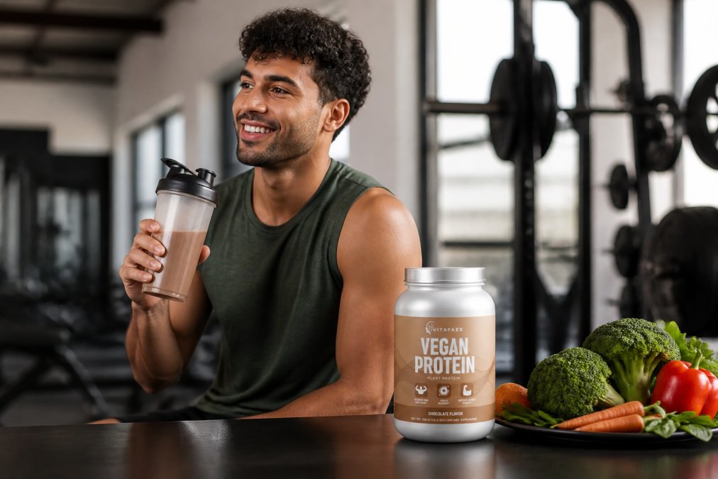 Athletic plant-based individual in gym setting holding protein shake, with supplement bottles and fresh vegetables arranged on nearby table, natural gym lighting
