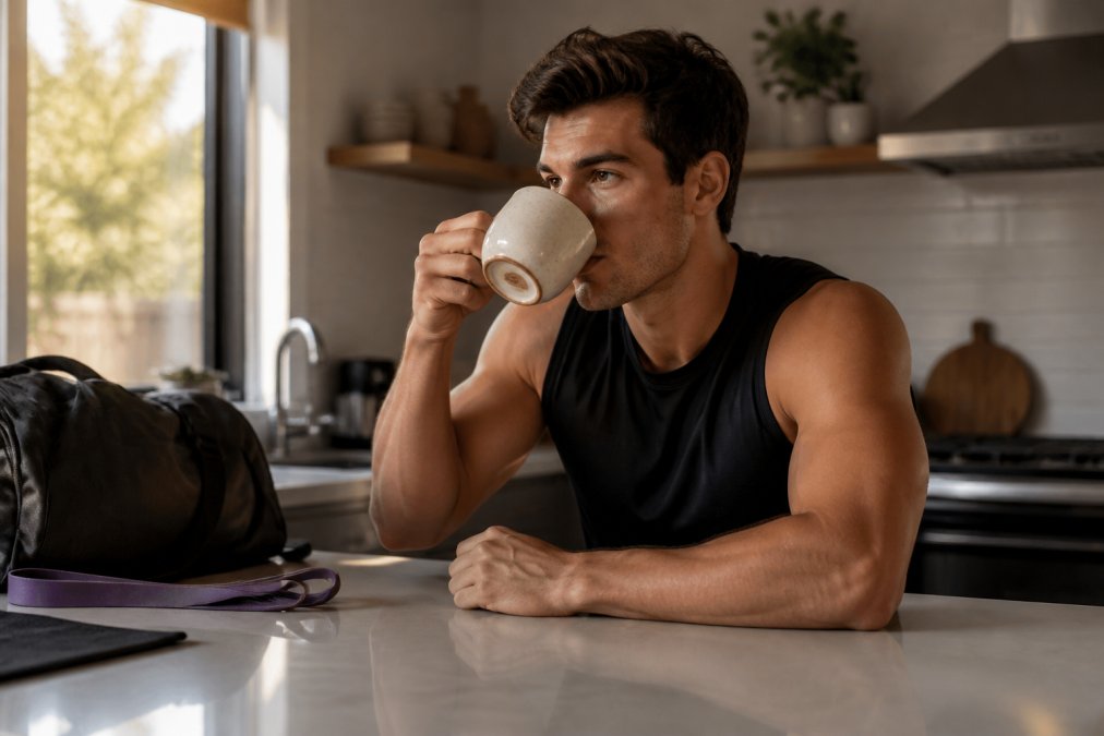 An athlete in athletic wear drinking a cup of specialty coffee from a ceramic mug at a kitchen counter before a workout, gym bag and resistance bands visible in the background, warm morning light coming through a window