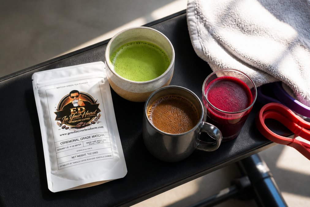 Flat lay of clean pre workout drinks on a gym bench: a ceramic cup of matcha, a dark mug of mushroom coffee with packaging visible, and a small glass of deep red beet juice, surrounded by a folded gym towel and resistance bands, natural daylight from above