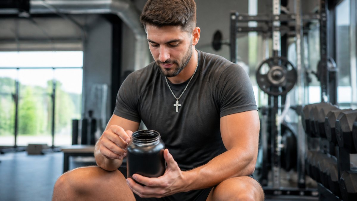 Fit Christian athlete in modern gym holding clean pre-workout supplement container with focused expression, gym equipment visible in background, natural lighting emphasizing dedication and faith-driven fitness