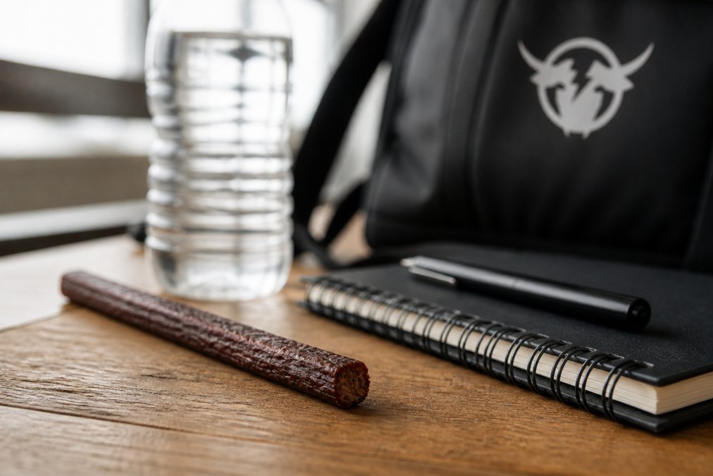 Close-up of grass-fed beef jerky stick on wooden surface next to water bottle and notebook, showing portable snack setup for busy professionals