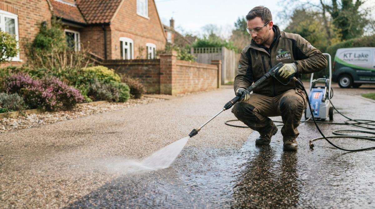 Close-up of a pressure washer lance being held at a shallow 45-degree angle over a resin driveway surface, with water spray visible and proper technique demonstrated in natural daylight