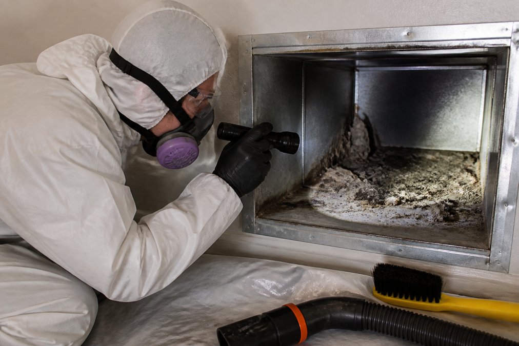 Technician wearing full protective equipment, respirator mask, gloves, coveralls, using flashlight to inspect inside metal HVAC ductwork, examining rodent damage and contamination in natural light