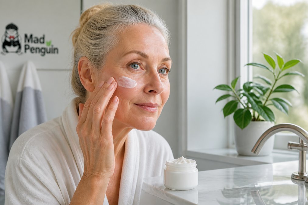 Woman in her 50s applying clean skincare moisturizer to her face in a bright, sunlit bathroom.