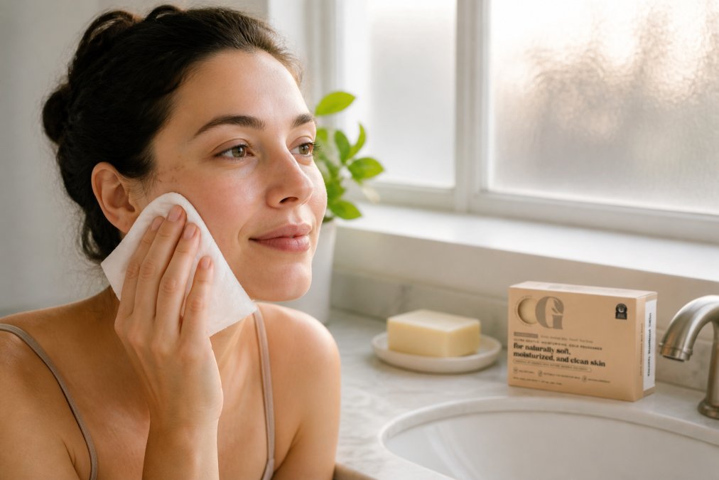 Close-up of a woman with visibly calm, clear skin gently patting her face with a soft white single-use towel at a bathroom sink, warm morning light coming through a frosted window