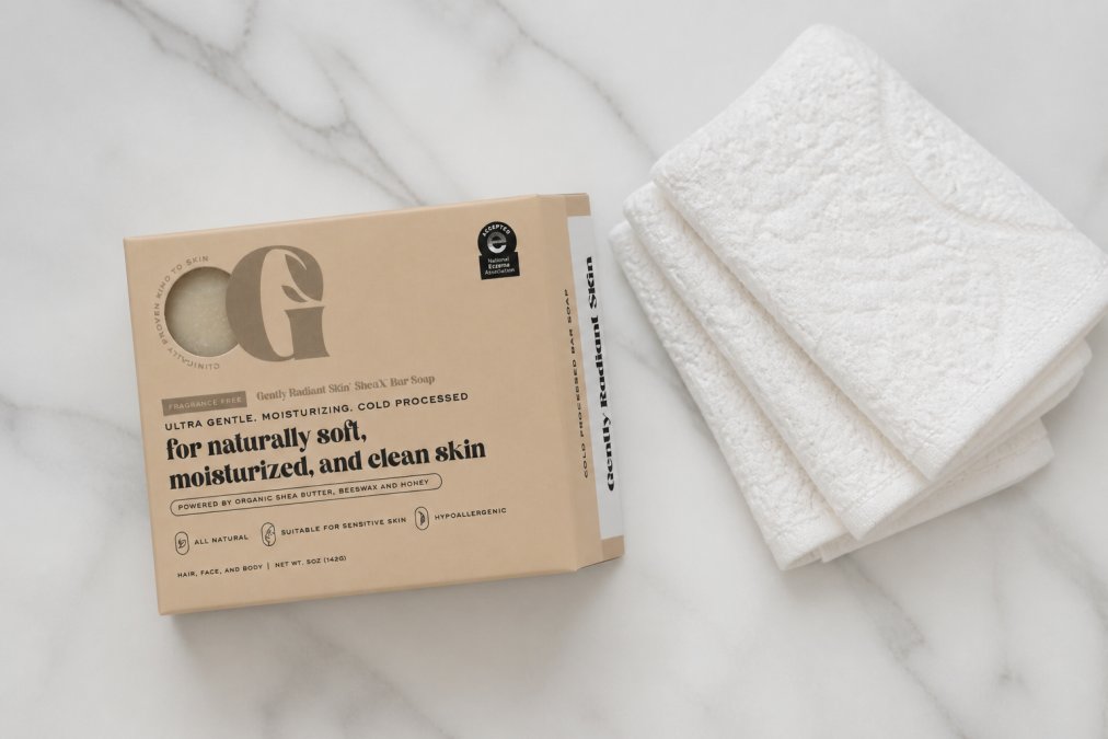 Flat lay of organic bar soap and neatly folded single-use facial towels arranged on a clean white marble surface with soft natural light, minimal styling, no background clutter