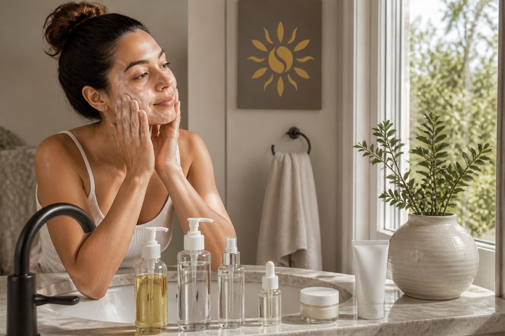 Woman at a bathroom sink performing her skincare routine with bottles and products arranged in order on the counter, natural morning light streaming from a window