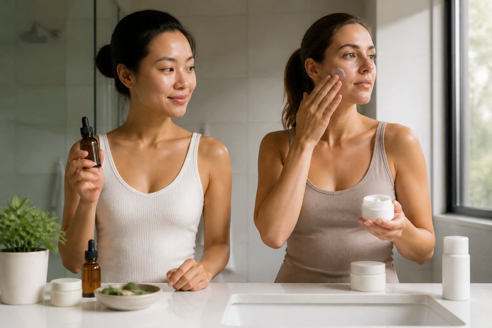 Two women standing side by side at modern bathroom vanities, the first holding a minimalist amber glass serum bottle, the second applying cream from a white jar, bright morning light through a window