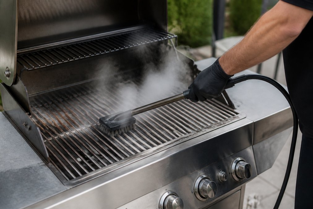 Professional demonstrating steam grill brush technique on stainless steel grates with visible steam rising and crosswise scrubbing motion in action on outdoor grill
