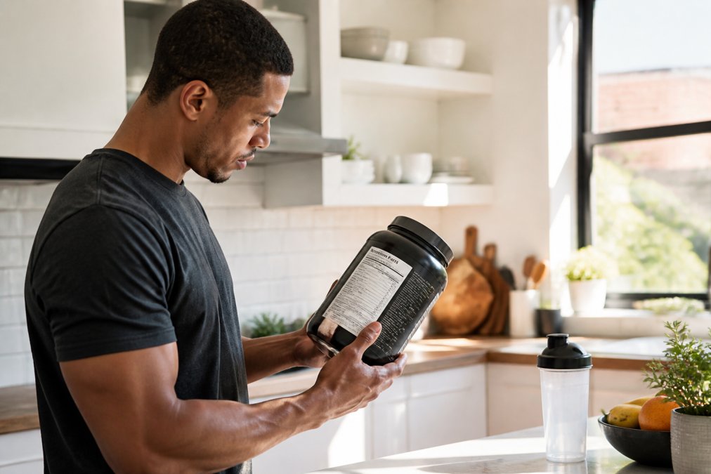 Person in bright kitchen holding a supplement bottle, carefully reading the ingredient label with natural sunlight illuminating the packaging and nutrition facts