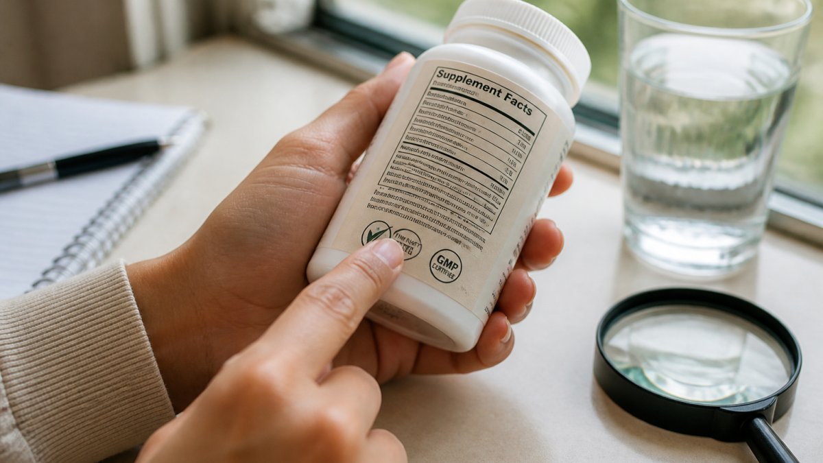 Close-up of someone's hands carefully reading a supplement label, examining the ingredient list and third-party testing badge under natural daylight, with a magnifying glass visible on the table