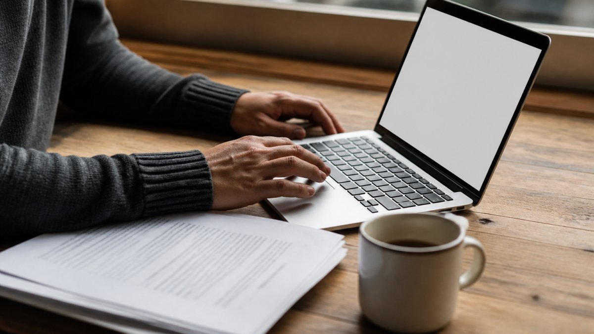 A writer at a wooden desk pasting text into a browser window on a laptop, with a printed manuscript and coffee mug beside the keyboard