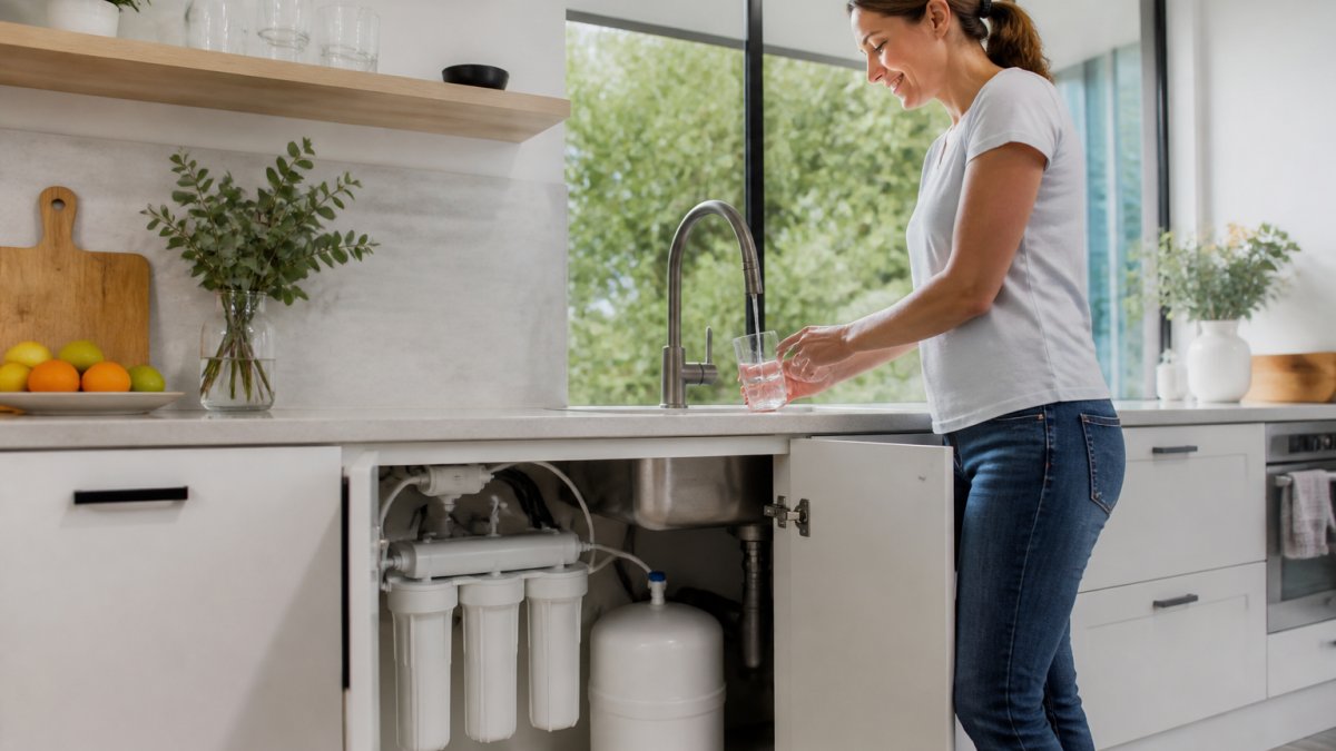 A person filling a glass of water from a kitchen tap with an under-sink filtration system visible below the sink, bright modern Australian kitchen setting