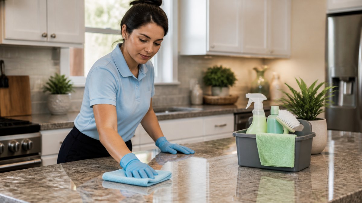 A professional cleaner in a light blue uniform wiping down a kitchen counter in a bright, tidy home, with a caddy of eco-friendly cleaning supplies nearby