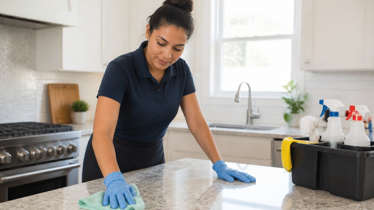 Professional cleaner in uniform wiping a kitchen counter for a cleaning business