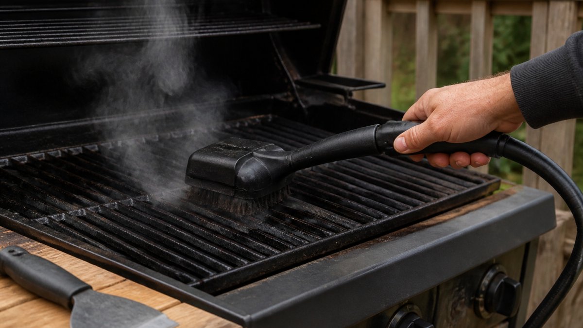 Close-up of a person using a steam grill brush on warm cast iron grill grates, with visible steam rising and a scraper resting nearby on a wooden side table