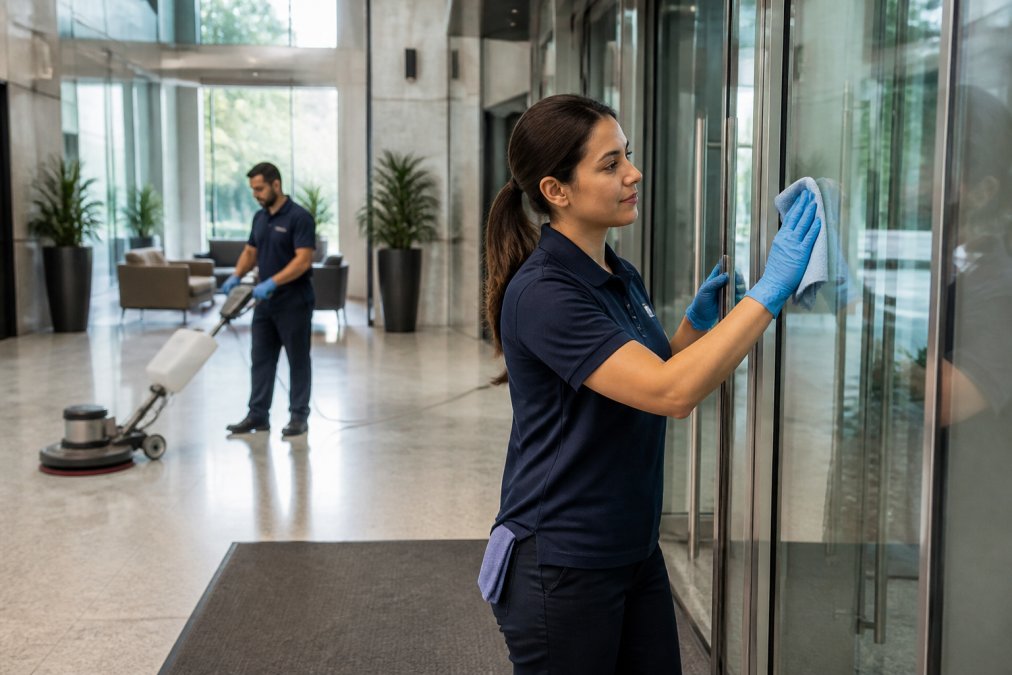 Professional cleaning companies commercial crew sanitizing a modern office lobby with glass doors and floor buffers