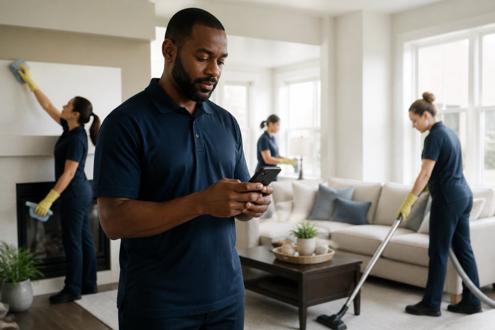 Cleaning crew supervisor using cleaning company software on a mobile device while overseeing a residential job.