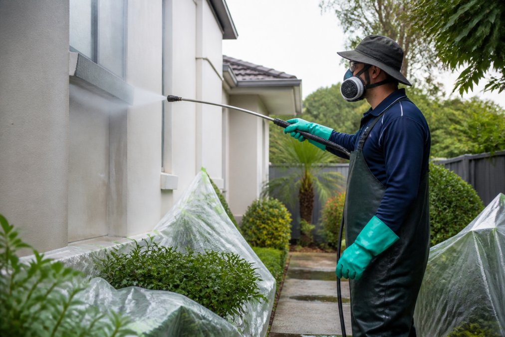 A trade-licensed technician in protective gear using a low-pressure soft wash wand on a rendered exterior wall of an Australian home, with a gentle mist of biodegradable cleaning solution visible, surrounded by garden plants protected by plastic sheeting