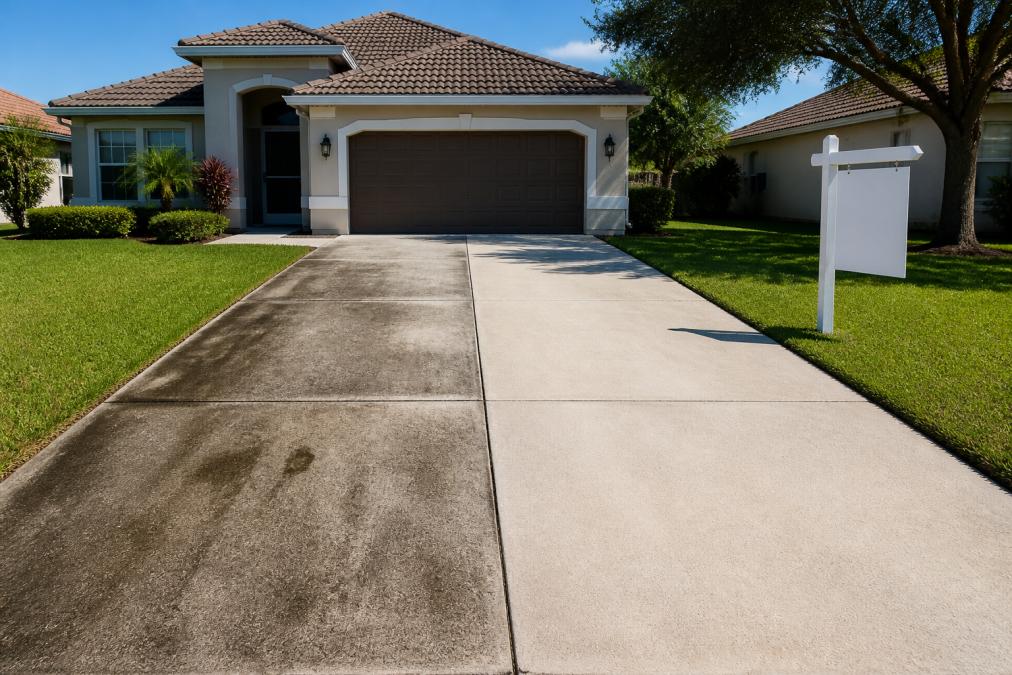 A residential concrete driveway with dark mold streaks and oil stains on one half, the same driveway bright and uniform on the other half, with a real estate For Sale sign planted in the lawn under clear morning light