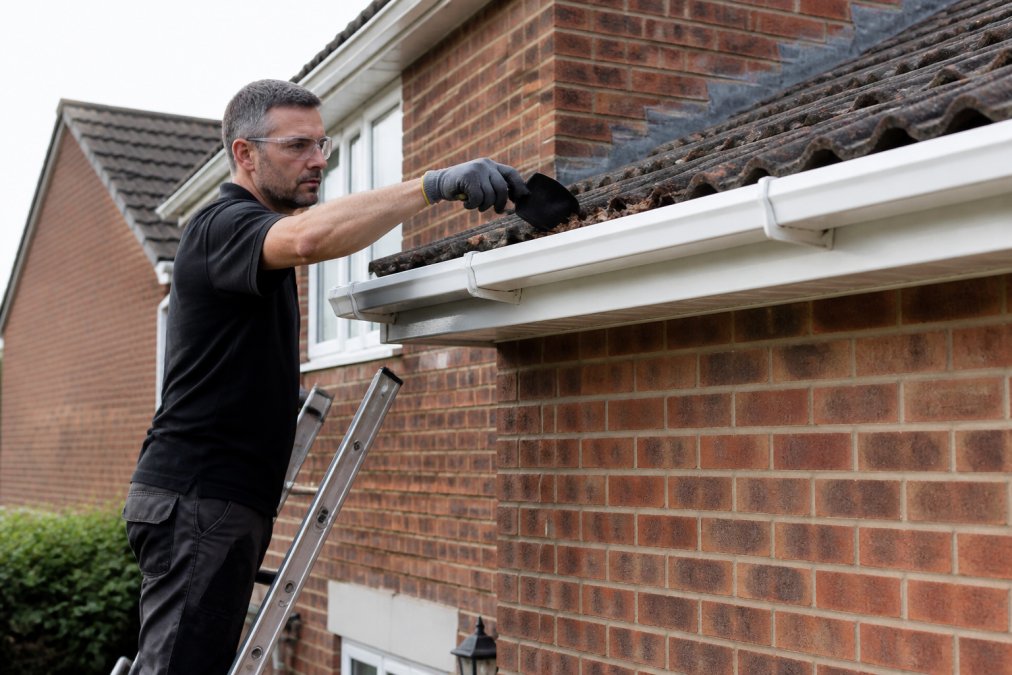 A homeowner on a ladder positioned safely against a house fascia board, wearing work gloves and safety glasses, using a gutter scoop to remove leaf debris from a white PVC gutter on a brick semi-detached house under overcast natural daylight