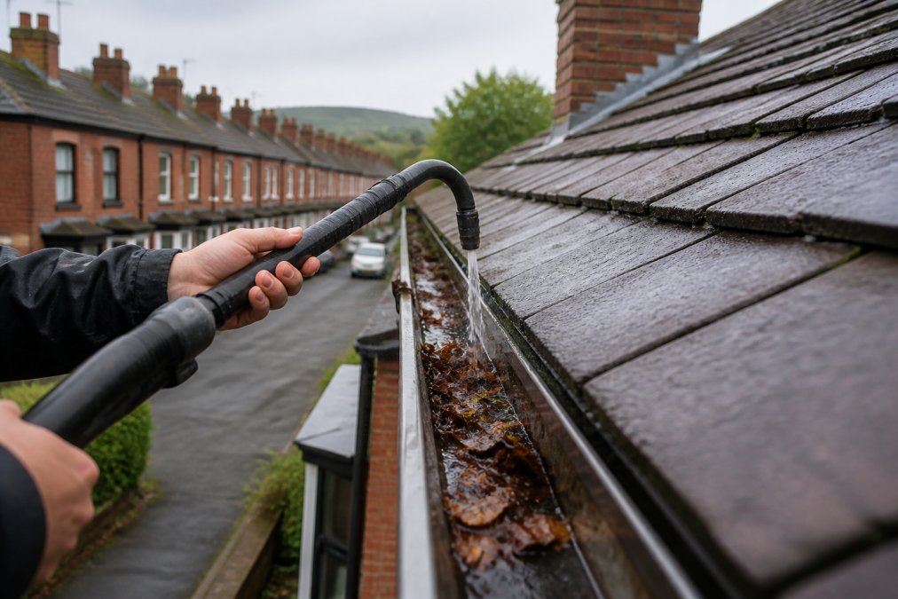 Close-up of hands using a telescopic gutter cleaning wand to flush a gutter with water, with visible leaf matter and debris being carried toward a downspout on a brick terraced house exterior, overcast daylight