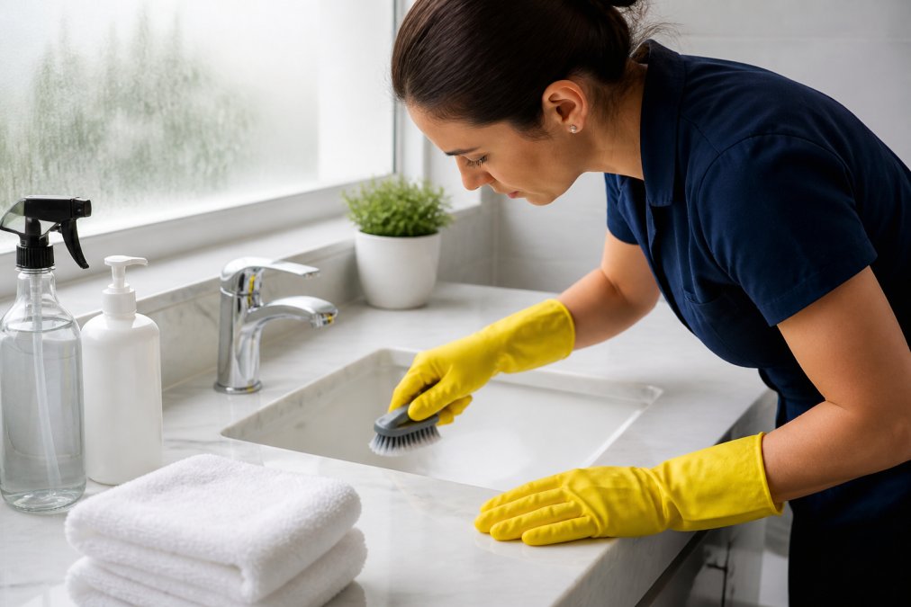 Close-up of a professional cleaner wearing yellow rubber gloves scrubbing a gleaming white bathroom sink, with spray bottles and folded white towels visible on the counter nearby, bright natural light coming through a frosted window