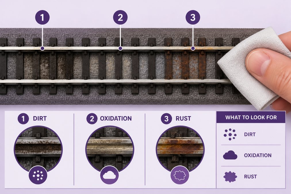 Close-up overhead view of model train track showing visible dirt buildup, oxidation discoloration, and rust spots on the rail surface, with a hand holding a cleaning cloth nearby