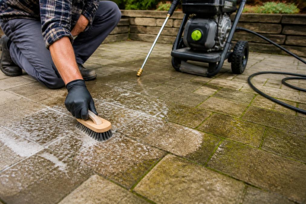 Homeowner scrubbing green mold from patio pavers with a stiff brush and soapy water