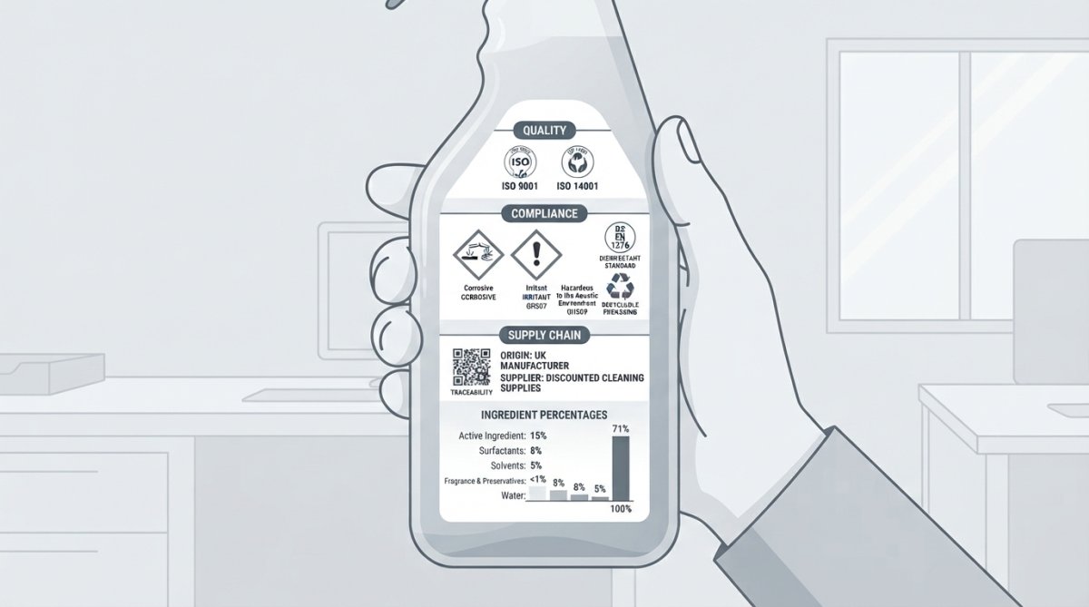 Close-up of a hand holding a cleaning product bottle, examining the back label showing COSHH hazard symbols, ingredient percentages, and certification badges like BS EN 1276 in natural office lighting