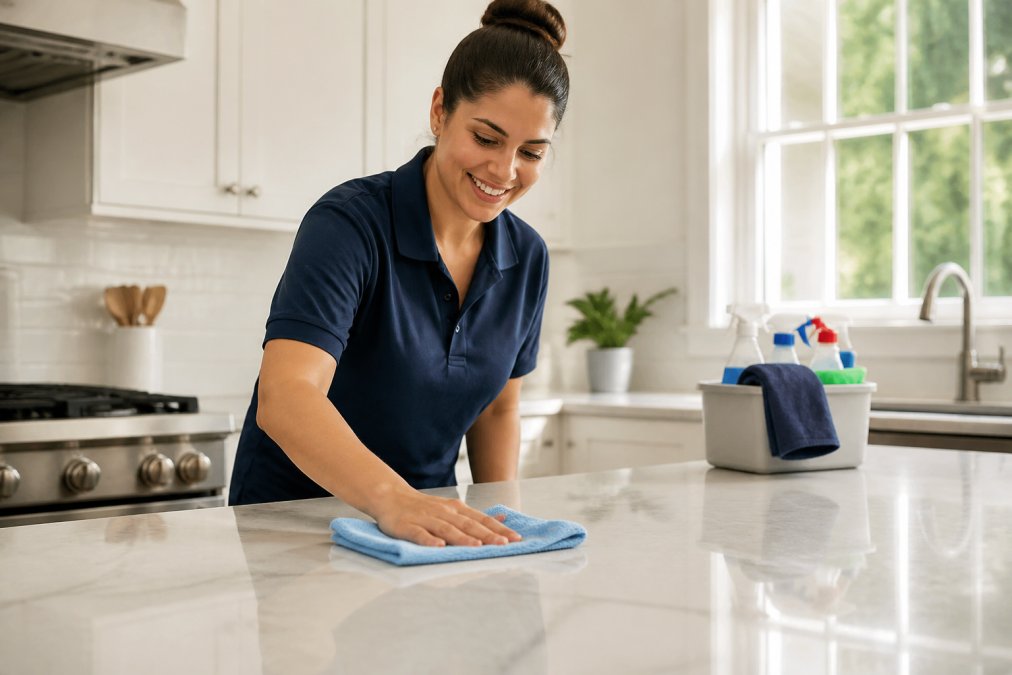 A professional cleaner in a branded uniform wiping down a bright, modern kitchen countertop with a microfiber cloth, cleaning supplies and a caddy visible on the counter behind her, warm natural light coming through a window