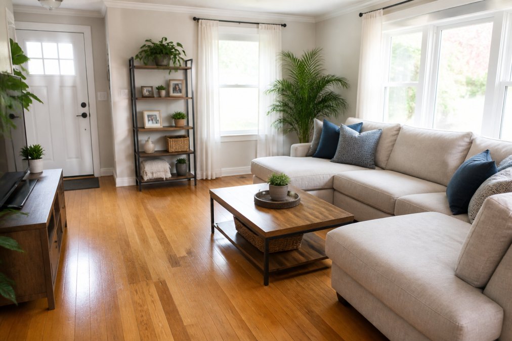 A tidy, sun-lit living room with personal items neatly organized on shelves, clear hardwood floors, and a clean coffee table, showing a home ready for a professional cleaning team to arrive
