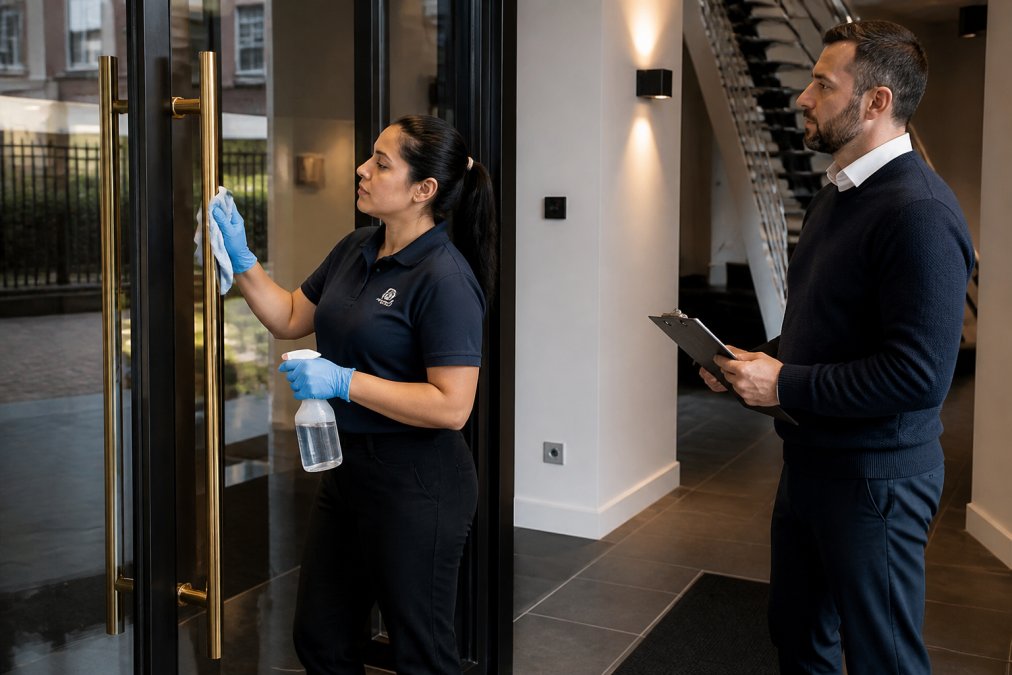 Cleaner polishing a lobby handrail as a property manager inspects the work for high-quality cleaning services.