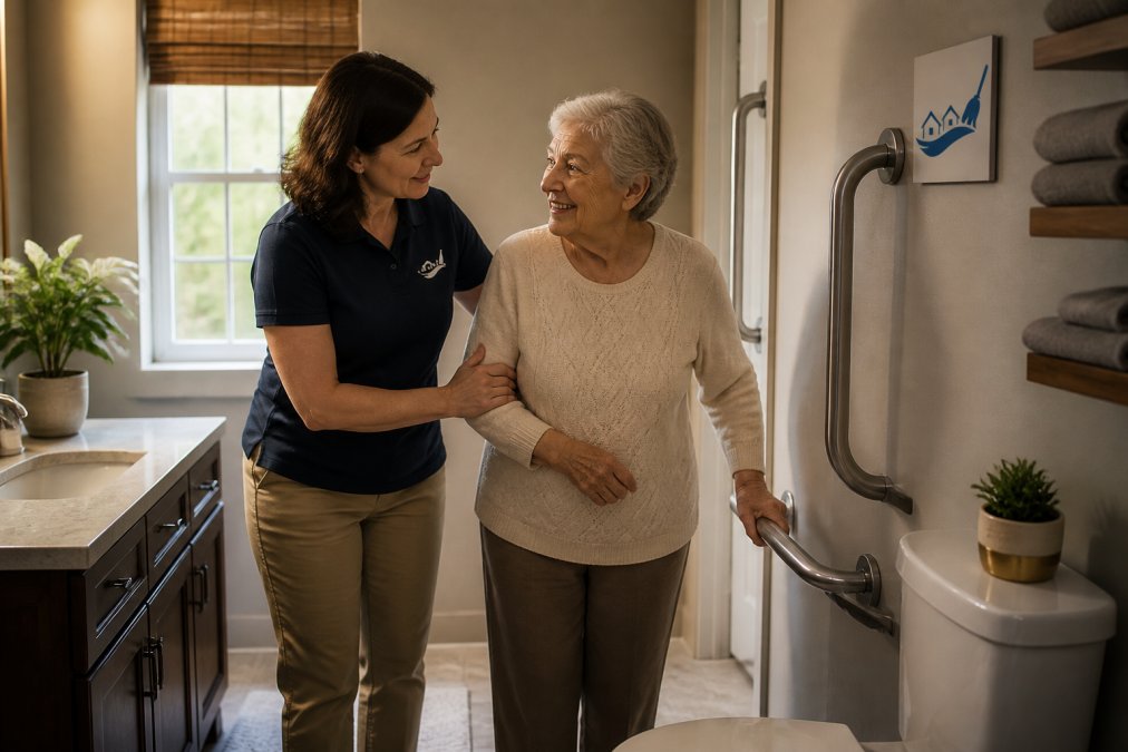 Adult child helping elderly parent navigate clean, well-organized bathroom with grab bars and clear pathways, warm natural lighting from window, showing accessible and safe home environment