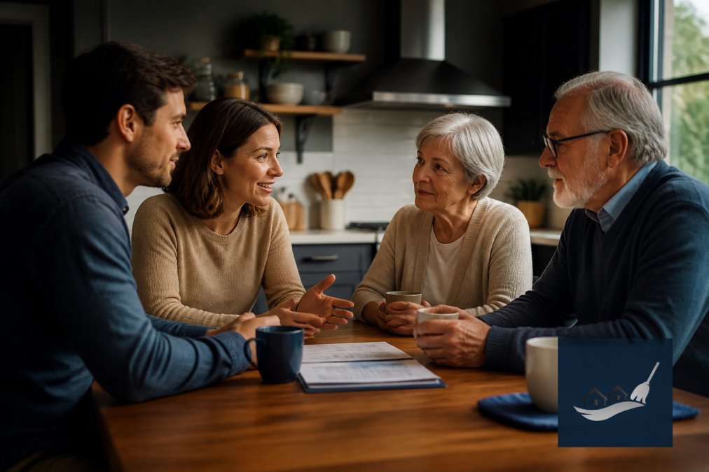 Warm family conversation at kitchen table with adult children and elderly parents discussing home care options together, natural afternoon lighting, comfortable home setting