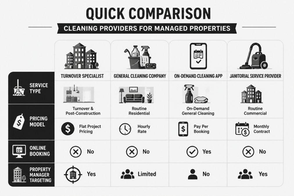 Feature comparison matrix of four cleaning providers covering service type, pricing model, online booking availability, and property manager targeting