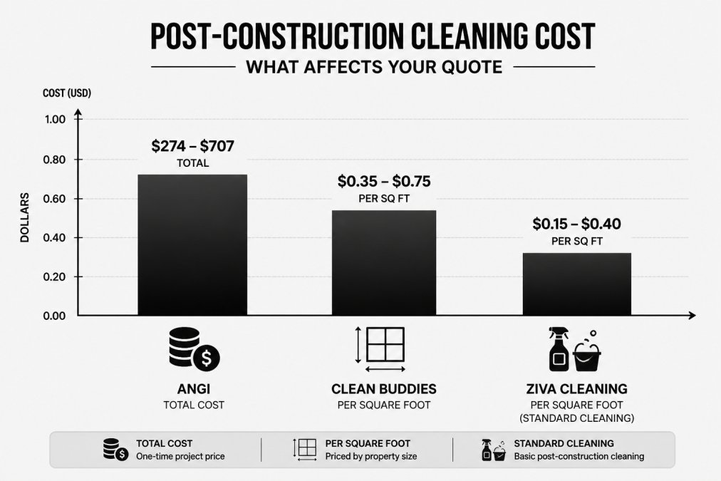 Bar chart comparing reported post-construction cleaning cost ranges: Angi $274-$707 total, Clean Buddies $0.35-$0.75 per square foot, Ziva Cleaning $0.15-$0.40 per square foot for standard cleaning