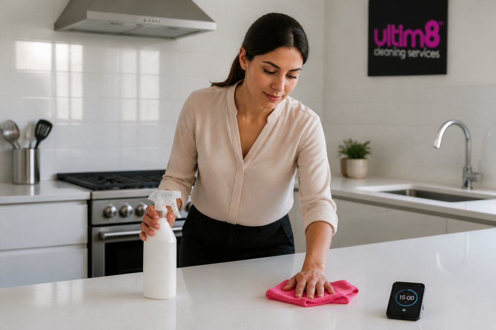Cleaning Tips for Busy Working Professionals in 2026 7 A professional in business casual attire quickly wiping a kitchen counter with a spray bottle and microfiber cloth, with a timer visible on a smartphone nearby