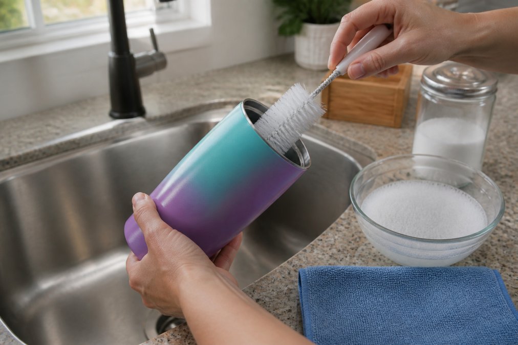 Close-up of hands using a soft bottle brush and mild soapy water to clean a colorful powder-coated tumbler at a kitchen sink, with a non-abrasive cloth and a box of baking soda nearby, natural window light
