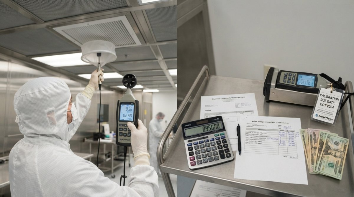 Cleanroom technician using handheld anemometer to measure airflow velocity near ceiling-mounted HEPA filter unit, with digital display visible and laminar flow patterns visible in background