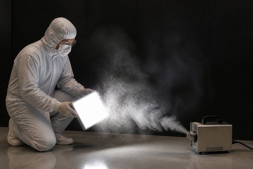 A cleanroom technician in a full bunny suit holding a high-intensity LED light panel at a low angle to illuminate a visible fog stream from a cleanroom fogger, with a dark matte background providing contrast