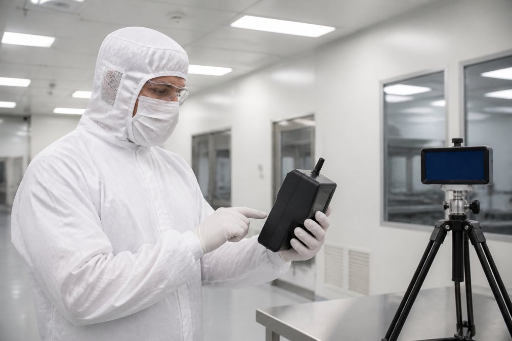 Laboratory technician using particle counter device to measure air quality while monitoring environmental data on digital display screen in cleanroom with soft LED lighting
