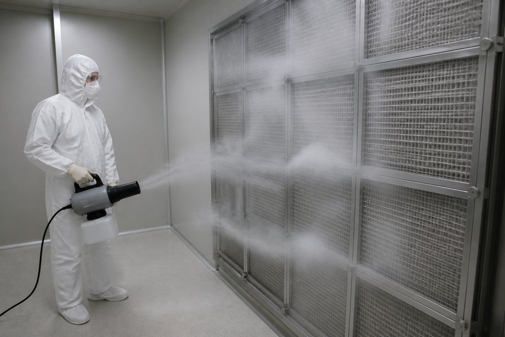 A cleanroom technician in full gowning observes a fogger releasing visible vapor to trace airflow patterns near a HEPA filter bank inside a biotech facility