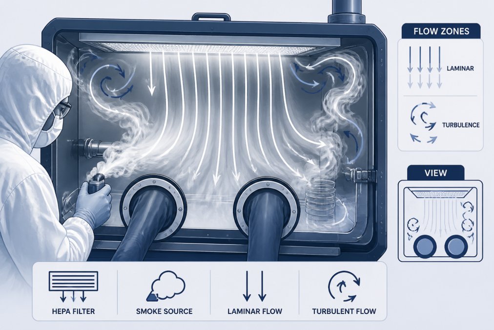 Technician in protective gear performing a smoke study inside a pharmaceutical glove box, carefully observing white fog patterns flowing through the chamber to identify laminar flow zones and potential turbulence areas under bright laboratory lighting