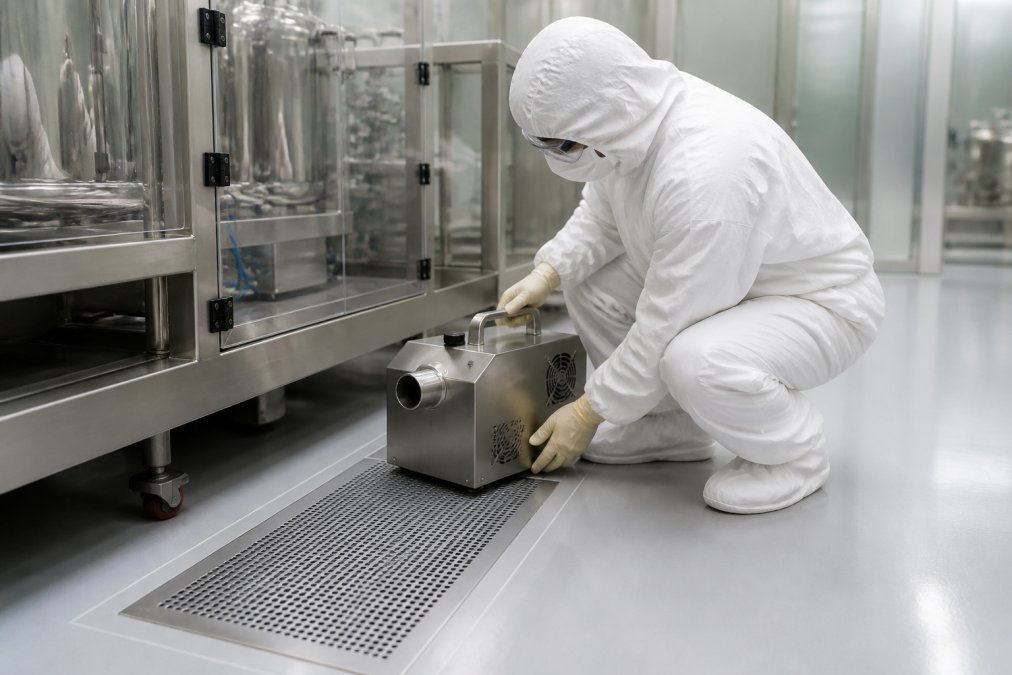 Technician in full cleanroom protective gear carefully positioning a portable fogger unit near a supply diffuser, demonstrating proper handling and fog introduction technique in a controlled pharmaceutical manufacturing environment