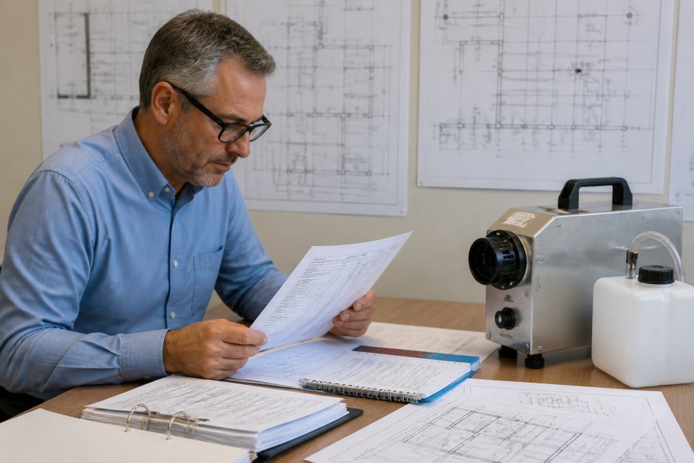 Cleanroom manager reviewing detailed equipment specifications and rental documentation at a workstation, with portable fogger equipment visible on the desk and facility blueprints in the background under professional office lighting