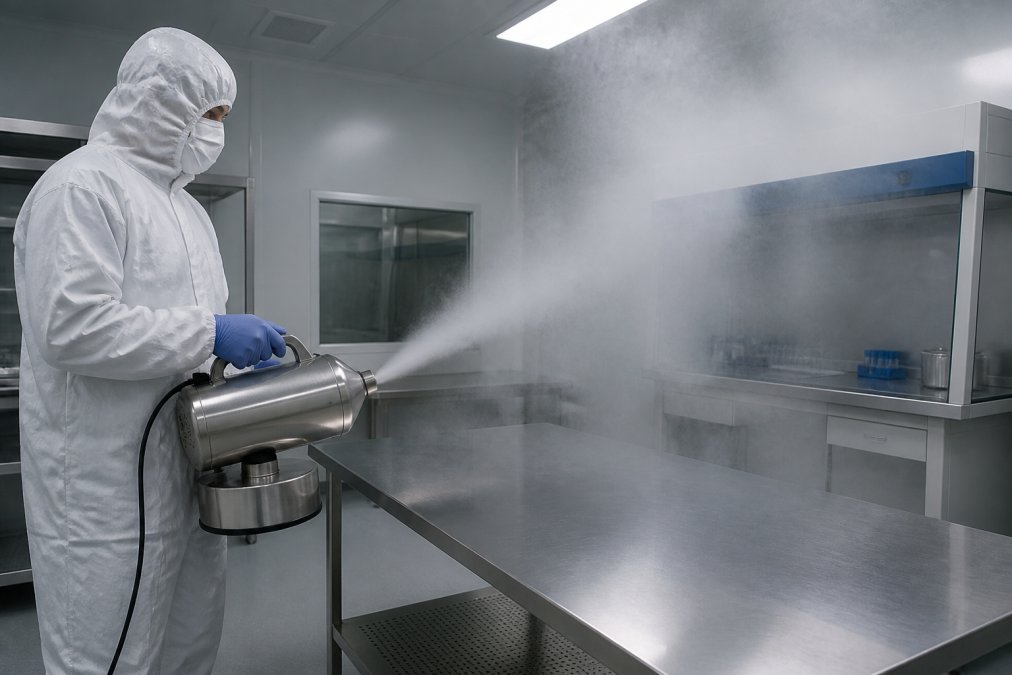 Professional technician in full protective equipment operating a cleanroom fogger in a controlled laboratory environment, with visible mist dispersing across stainless steel work surfaces under bright overhead lighting