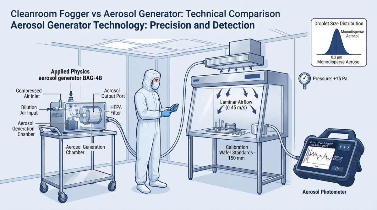 Applied Physics aerosol generator BAG-4B mounted in a pharmaceutical cleanroom setting with technician in full protective gear monitoring particle generation through a connected aerosol photometer, with laminar flow hood and stainless steel work surface visible